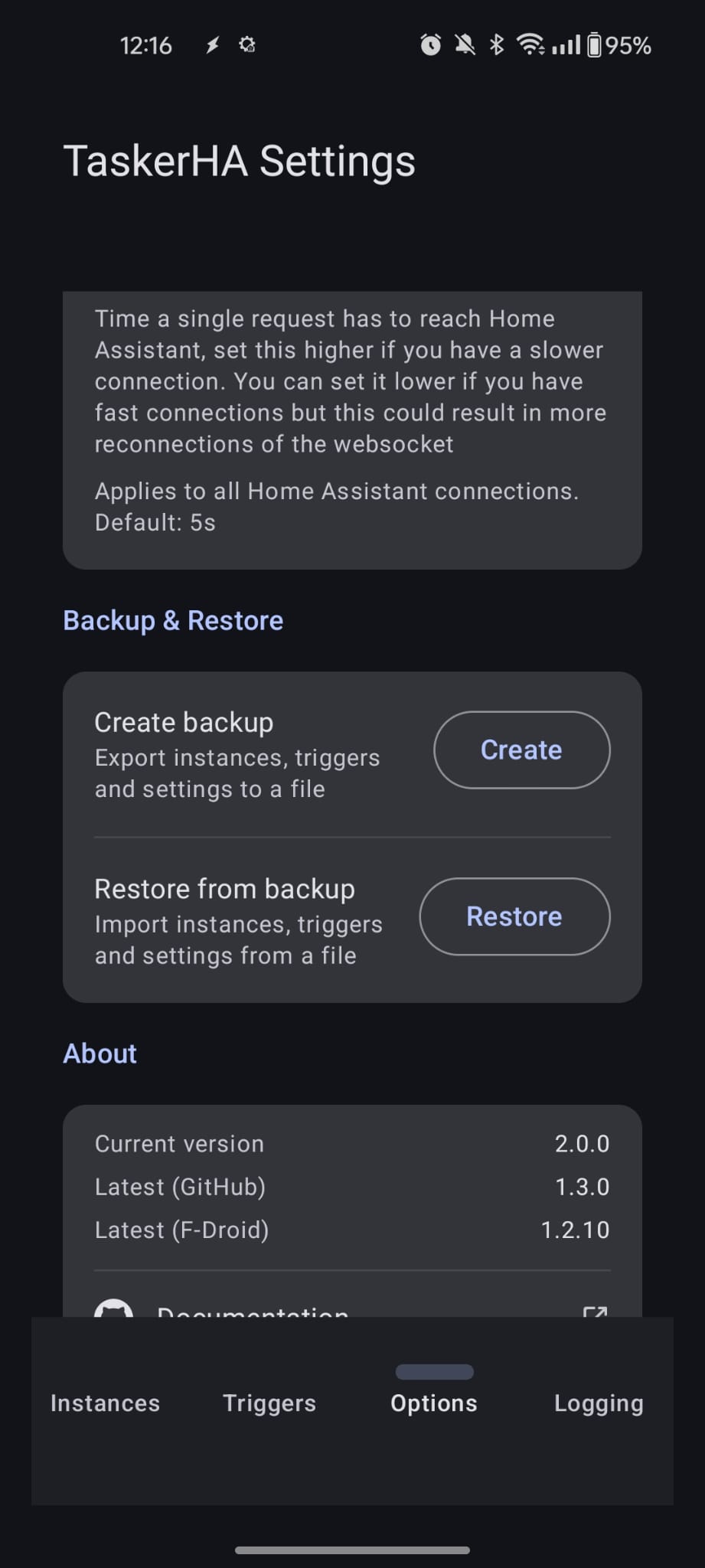 Options tab showing the Backup and Restore section
