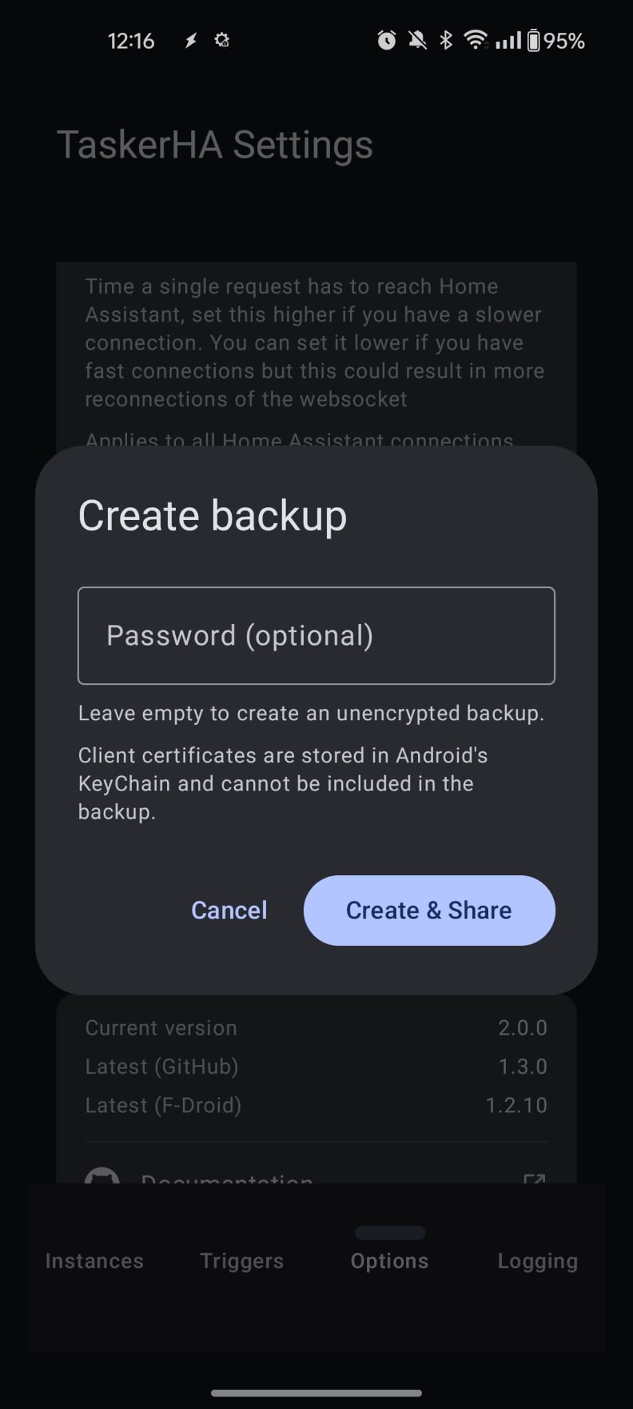 Create backup dialog with optional password field