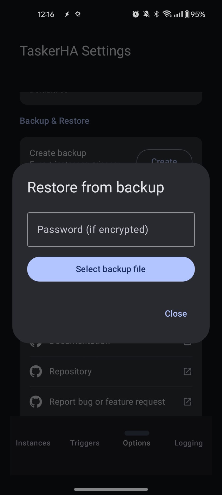 Restore backup dialog with file picker and password field
