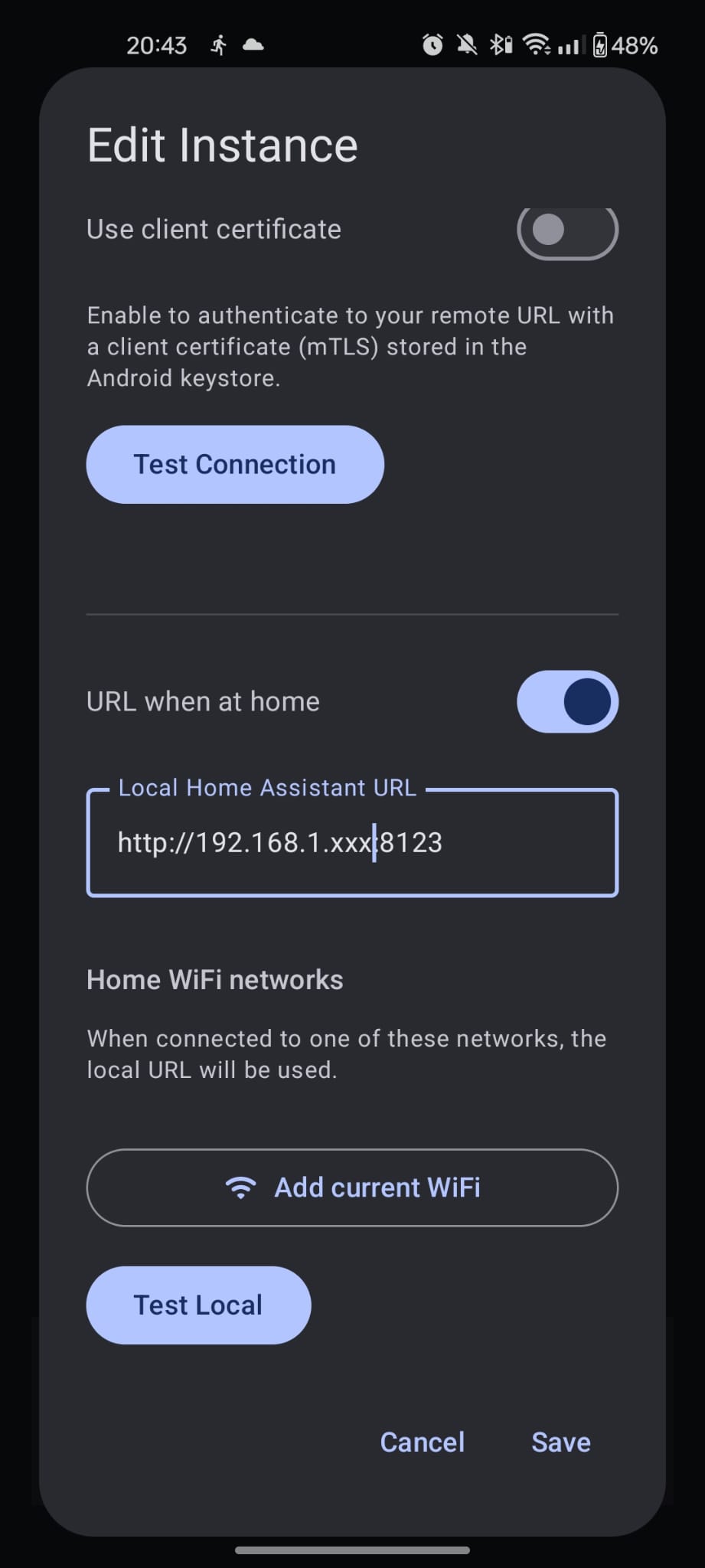 Edit instance screen with local URL switching