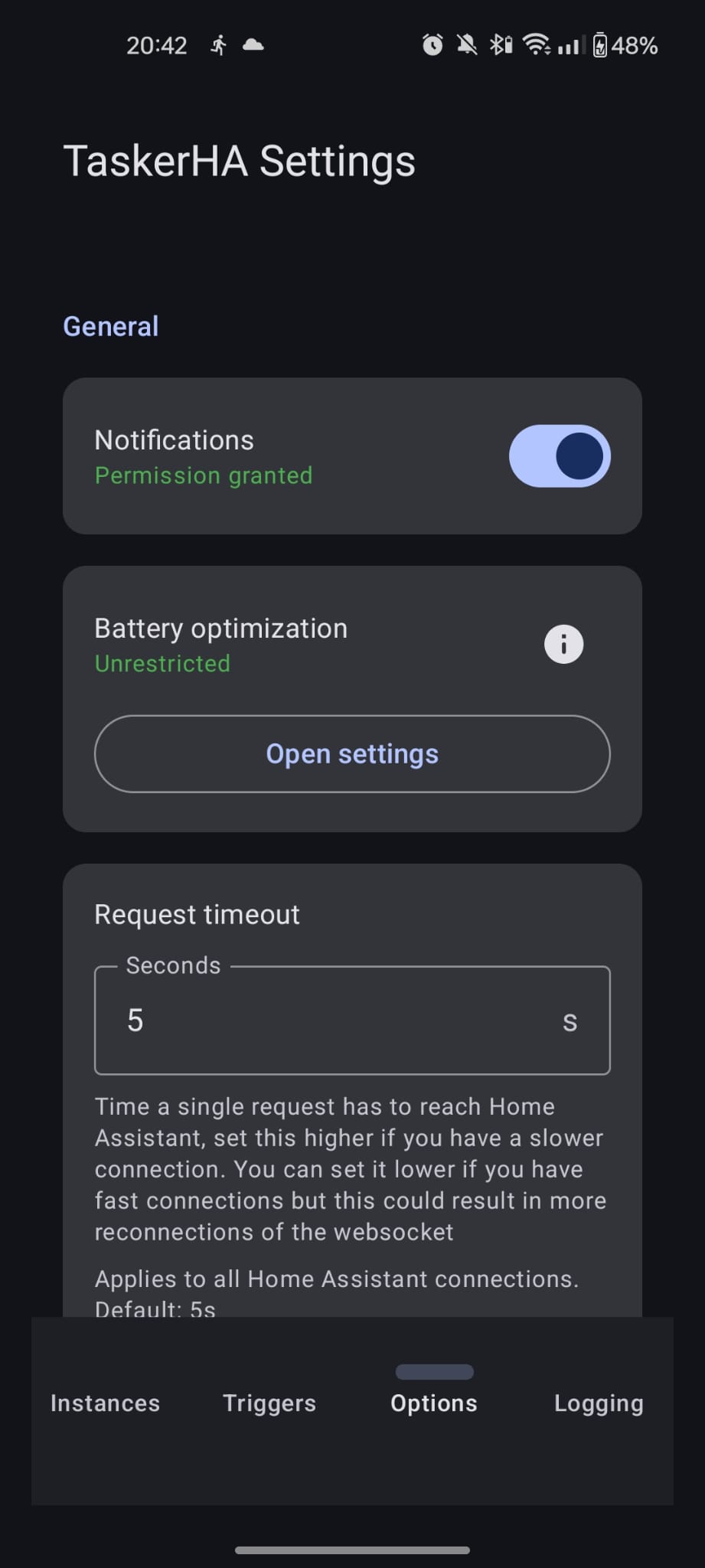 Options screen showing battery optimization