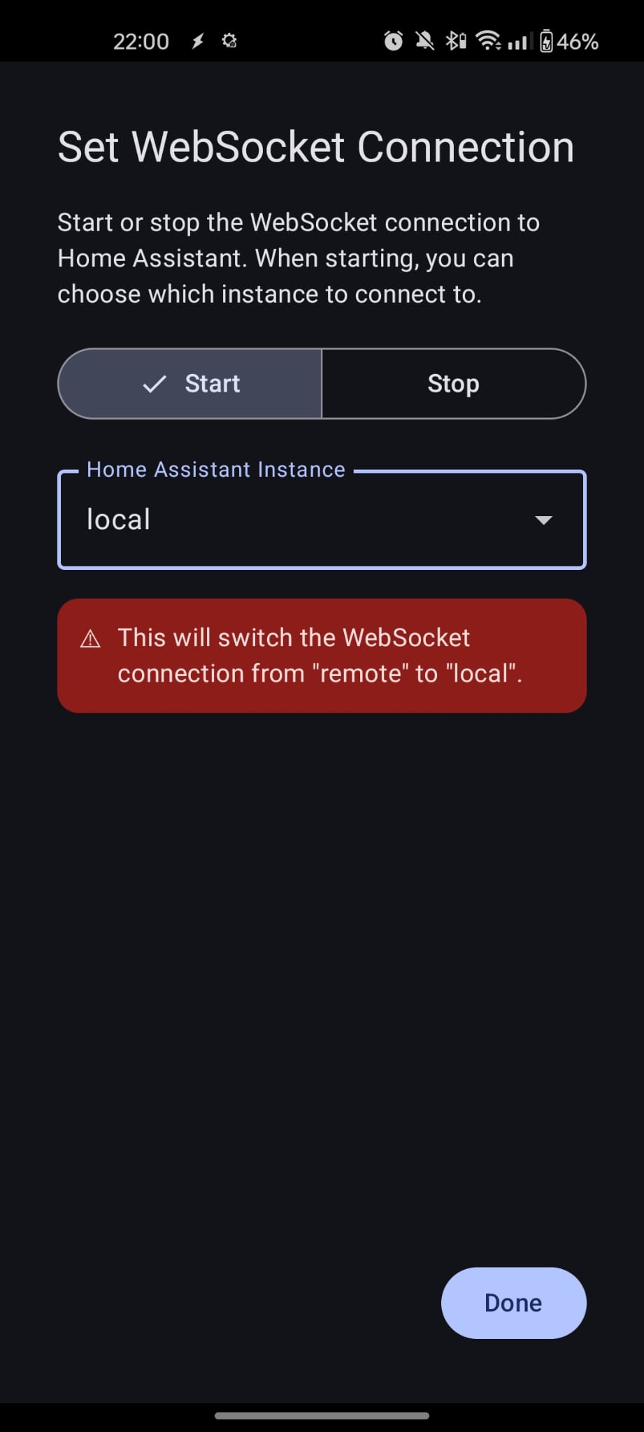 Set WebSocket Connection — Start mode with instance selector