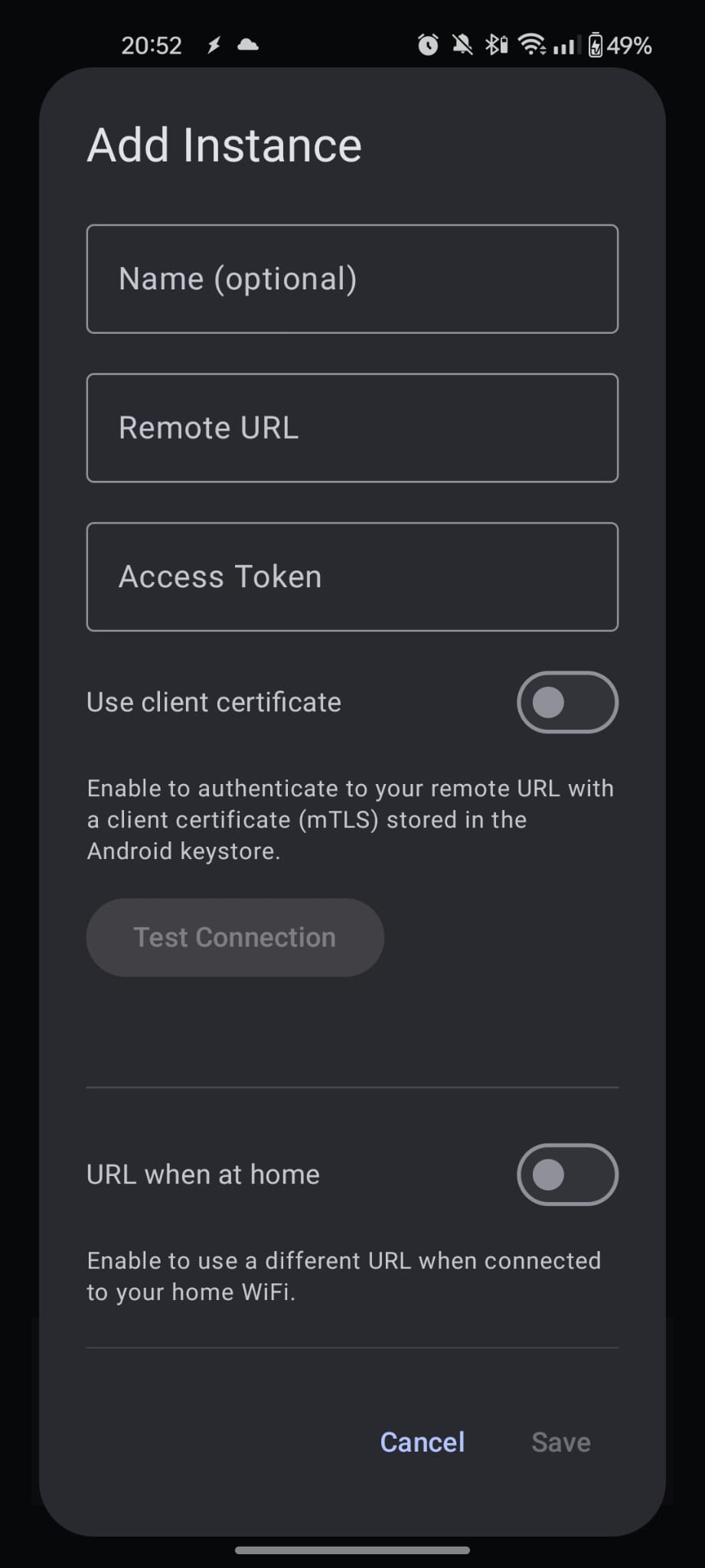 TaskerHA Add Instance screen