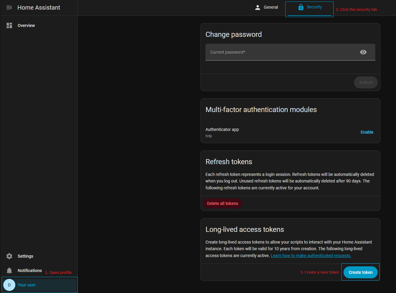 HA Security tab showing the Long-Lived Access Tokens section